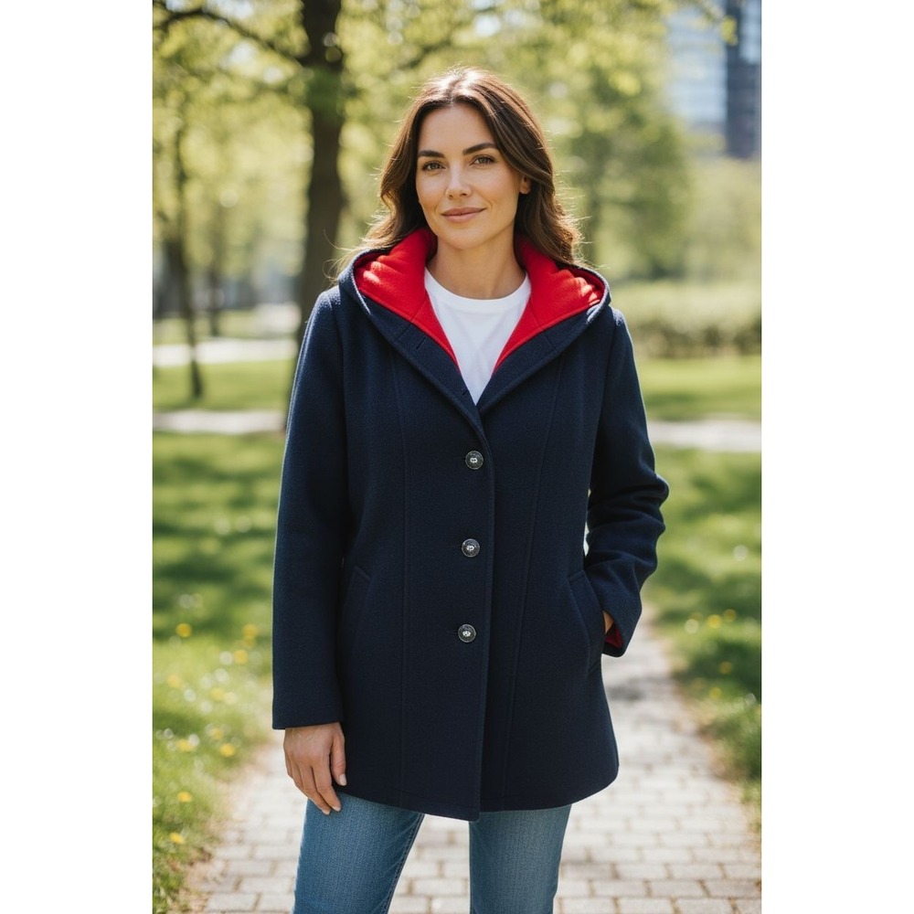 Mackintosh All Outdoors Navy Blue Red‎ Wool Hooded Coat Jacket Womens Size 16
